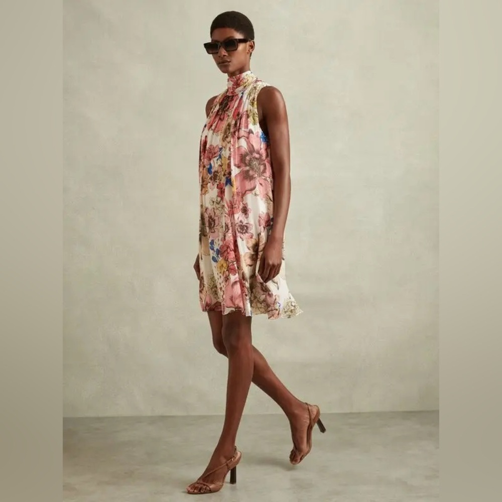 REISS Kady Chiffon Floral Sleeveless Pleated Mini Dress Cream/Pink Sz 2